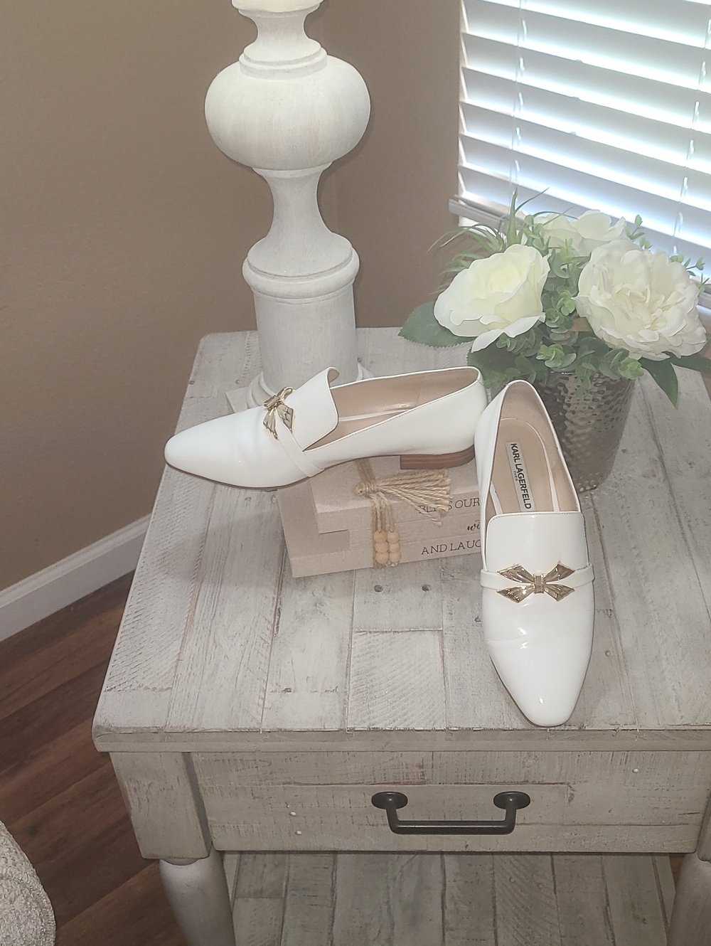 KARL LAGERFELD: White Patent Loafers with Gold Bow Accent SZ 9.5